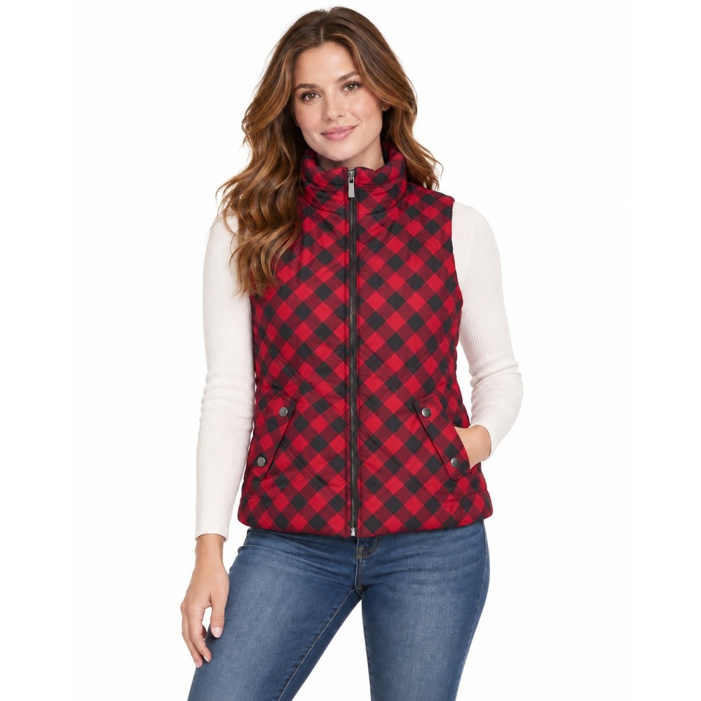 Jones New York Sport Petite Reversible Puffer Vest Red Black Buffalo Plaid | PS
